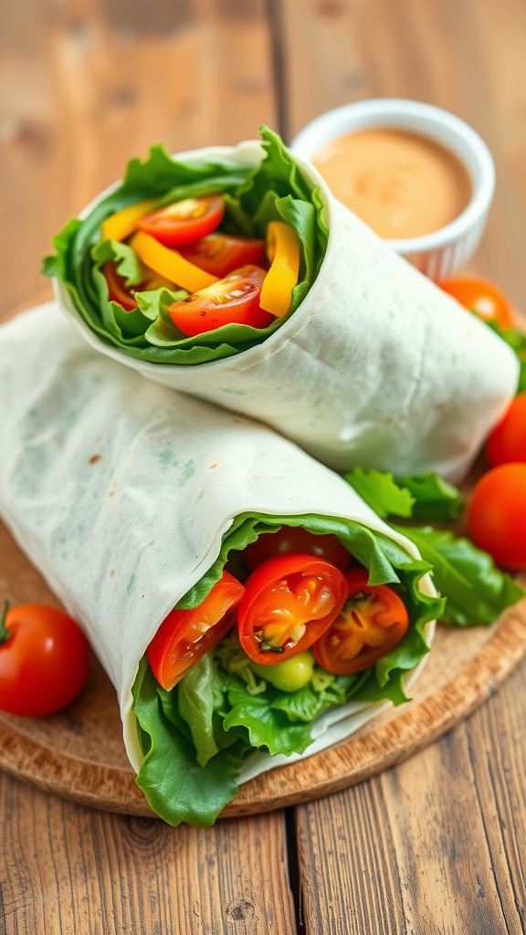 A veggie wrap filled with greens, cucumbers, bell peppers, and tomatoes, sliced in half against a wooden table.